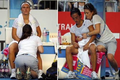 Svetlana Kuznetsova y Francesca Schiavone reciben asistencia médica durante su duelo.