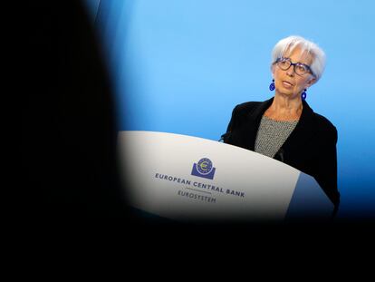 La presidenta del BCE, Christine Lagarde, durante una rueda de prensa el pasado jueves en Fráncfort.