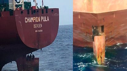 (l) Three migrants perched on the rudder of a tanker on October 6. (r) A person making the crossing on top of a rudder