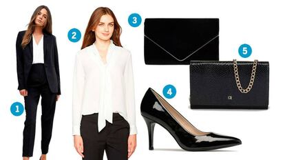 1. Traje chaqueta, de Asos 2. Blusa con lazada que puedes encontrar en Amazon 3. Clutch, de Amazon 4. Salones de Georgia Rose vía Sarenza 5. Cartera de mano, de Georges Rech para El Corte Inglés