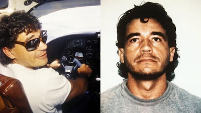 Izquierda, Carlos Lehder volando una aeronave. Derecha, Lehder en Estados Unidos, tras su extradición.