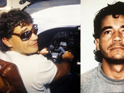 On the left, Carlos Lehder is seen flying an aircraft. On the right, he is pictured in the United States, following his extradition from Colombia.