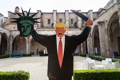 A reproduction of Edel Rodriguez’s infamous illustration of Donald Trump holding the Statue of Liberty’s head on display at the Carme Center of Contemporary Culture in Valencia.