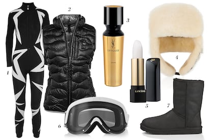 1. Perfect Moment Mono estampado 2. Blauer Chaleco acolchado 3. Yves Saint Laurent Beauty Serum 'Or Rouge' 4. Canada Goose Gorro de pelo 5. Lancôme Bálsamo labial con protección 6. Yniq Gafas para esquiar 7. Ugg Australia Botas de caña media.