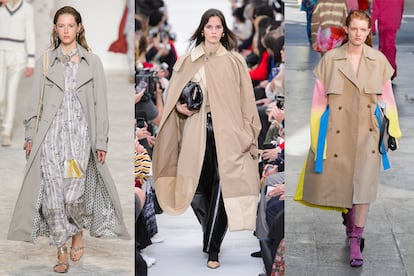 La gabardina.

Un clásico que será, sin duda, la prenda estrella de la próxima primavera. Mejor si es oversize y muy larga.

De izquierda a derecha: Look de Etro. Gabardina XXL de Céline. Gabardina sin mangas de MSGM.