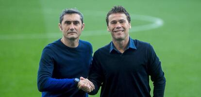 Valverde y Rubi, en la foto previa al derbi del sábado.