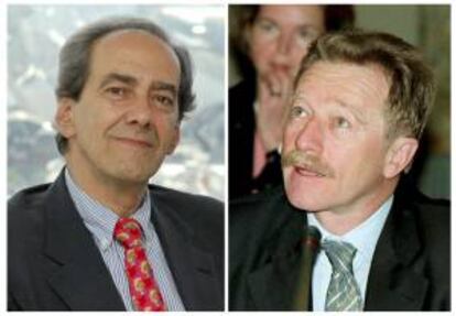 Combo de fotografías de archivo del gobernador del Banco Central de Luxemburgo, Yves Mersch (d), que ha sido recomendado hoy por el Eurogrupo para el cargo de miembro del Comité Ejecutivo del Banco Central Europeo, en sustitución del español José Manuel González-Páramo (i).