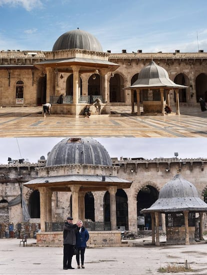 Patio interior de la Gran Mezquita de Alepo donde los fieles hacen las abluciones antes del rezo. En la parte superior, foto tomada en 2010; en la inferior foto tomada en 2017.