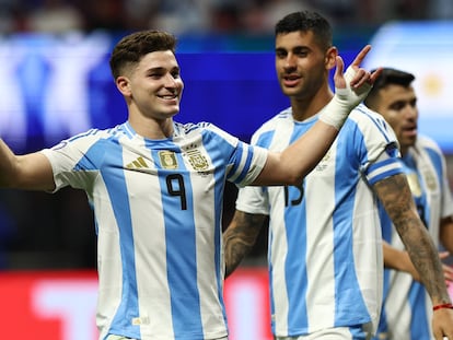 Julián Álvarez celebra su gol frente a Canadá, este jueves.