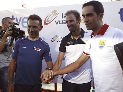 Contador, Purito y Valverde, en la presentaci&oacute;n de la Vuelta.