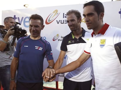 Contador, Purito y Valverde, en la presentaci&oacute;n de la Vuelta.