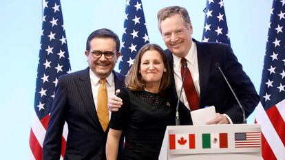 Os negociadores-chefes dos três países, Chrystia Freeland (Canadá), Robert Lighthizer (EUA) e Ildefonso Guajardo (México), em março passado.