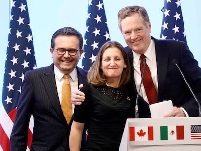 Os negociadores-chefes dos três países, Chrystia Freeland (Canadá), Robert Lighthizer (EUA) e Ildefonso Guajardo (México), em março passado.