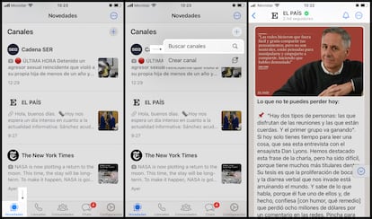 En la imagen de la izquierda, ubicación de la pestaña de Novedades donde se incluyen los canales en IOS. En el centro, el buscador de cuentas y, a la derecha, el 'ticker' de EL PAÍS como usuario verificado.