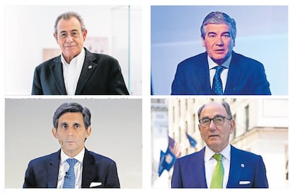 Víctor Grifols Roura, presidente de honor de Grifols; Francisco Reynés, presidente de Naturgy; José María Álvarez Palletes, presidente de Telefónica e Ignacio Sánchez Galán, presidente de Iberdrola.