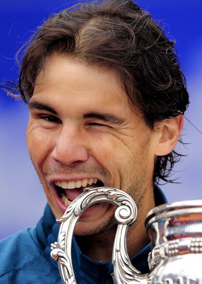 Nadal celebra la victoria en Barcelona el 28 de abril.