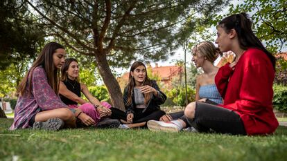 Un grupo de chicas jóvenes conversan en un parque, en Madrid (España).