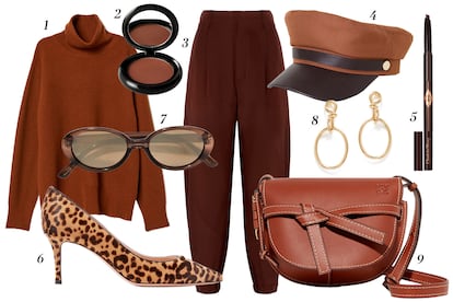 1. H&M Jersey de cashmere 2. Marc Jacobs Beauty Sombra de ojos O!mega 3. Chloé Pantalones tipo bombacho 4. H&M Gorra combinada 5. Charlotte Tilbury Perfilador de cejas 6. Gianvito Rossi Salones con estampado de leopardo 7. Parfois Gafas de sol 8. Bimba y Lola Pendientes dorados 9. Loewe Bolso bandolera 'Gate'.