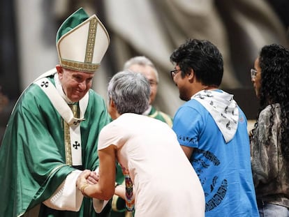 El papa Francisco en la misa de clausura del Sínodo de la Amazonia el pasdo domingo. 