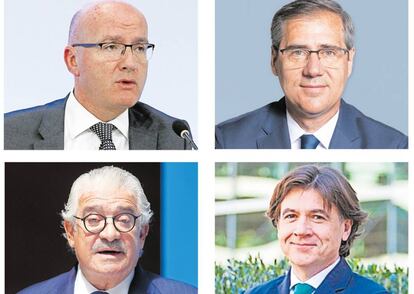 De izquierda a derecha, los consejeros delegados de Telefónica, Ángel Vilá; Ferrovial, Ignacio Madridejos; Endesa, José Bogas, e Iberdrola, Armando Martínez.