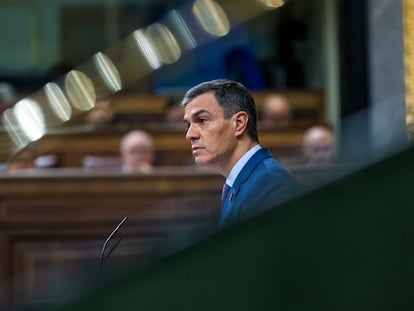 El presidente del Gobierno, Pedro Sánchez, este miércoles durante su comparecencia en el Congreso.