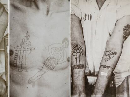 Fotografías de tatuajes de tres de los presos incluidos en los 26 volúmenes del archivo que guarda el Museo Panitenciario Paulista, en São Paulo.