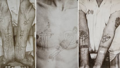 Fotografías de tatuajes de tres de los presos incluidos en los 26 volúmenes del archivo que guarda el Museo Panitenciario Paulista, en São Paulo.