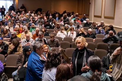 Environmental activist Erin Brockovich (C-R) speaks to concerned residents as she hosts a town hall on February 24, 2023 in East Palestine, Ohio.