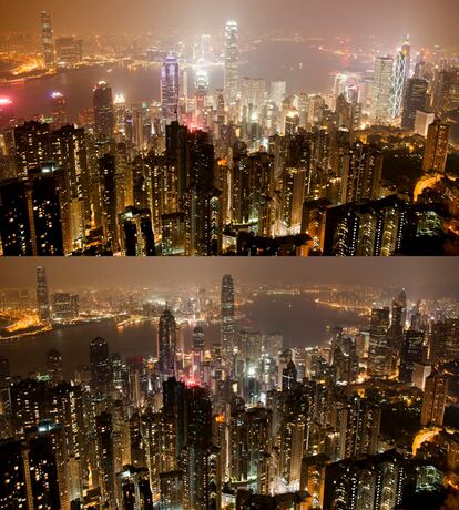 Vista aérea de Hong Kong, antes y después del apagón.