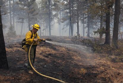 El bombero Abraham Diaz, de Apple Valley, California, enfría los restos de un foco de Las Conchas, cerca de Los Alamos.