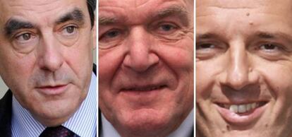 Los ex primeros ministros de Francia (François Fillon), Alemania (Gerhard Schröder) e Italia (Matteo Renzi).