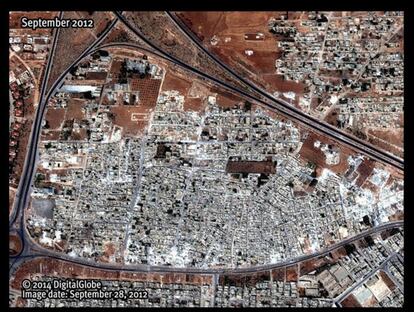 Entre os melhores casos documentados pela ONG internacional está o bairro de Masha el Arbeen, em Hama, cidade considerada um reduto das forças opositoras ao presidente sírio Bachar el Asad. Imagem de satélite do bairro, do dia 28 de setembro de 2012.