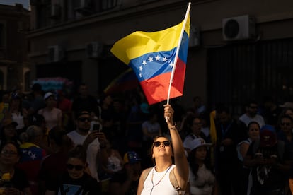 Una mujer ondea una bandera venezolana, en el Parque Almagro, en Santiago.