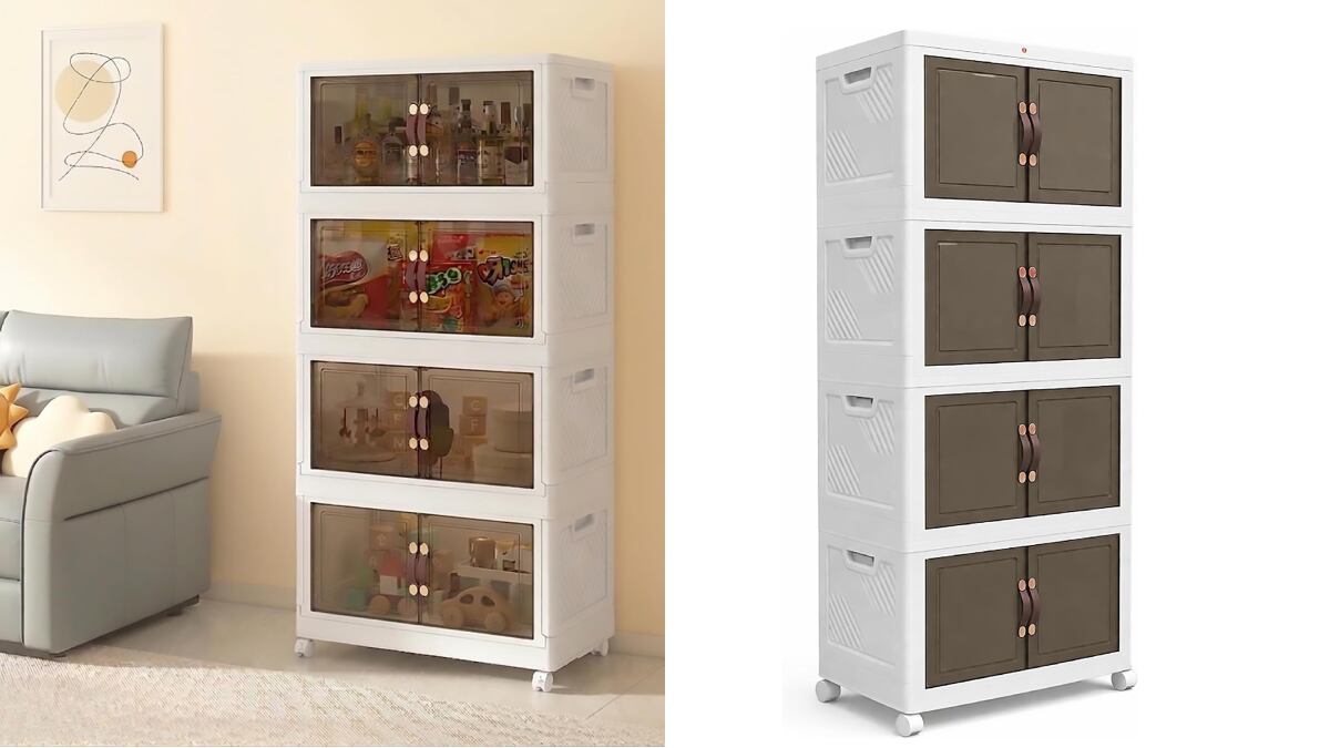 Estantería plegable de cuatro alturas con ruedas incluidas.