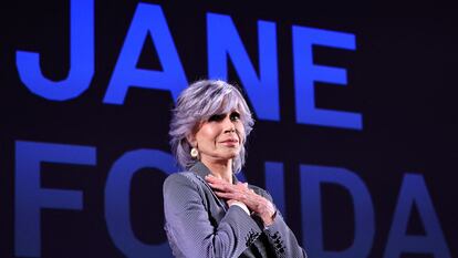 Jane Fonda, emocionada en su charla esta tarde en Cannes.