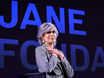 Jane Fonda, emocionada en su charla esta tarde en Cannes.