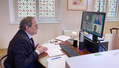 El president Torra, en vídeoconferència.