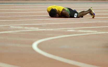 Usain Bolt, tras fallar en el relevo 4x100 en los mundiales de atletismo de 2017.