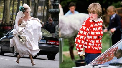 Sarah Jessica Parker interpretando a Carrie en la película de 'Sexo en Nueva York', y Diana de Gales en un partido de polo en 1981.
