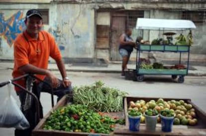 Foto de un vendedor ambulante de frutas y verduras esperando clientes en La Habana (Cuba).