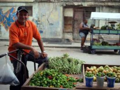 Foto de un vendedor ambulante de frutas y verduras esperando clientes en La Habana (Cuba).