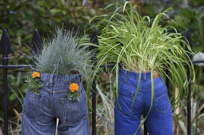 Las plantas crecen en el interior de unos pantalones vaqueros colgados en las rejas de una casa en Londres, Reino Unido.