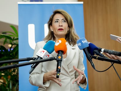 La ministra de Transporte en funciones, Raquel Sánchez, en Bruselas el martes.