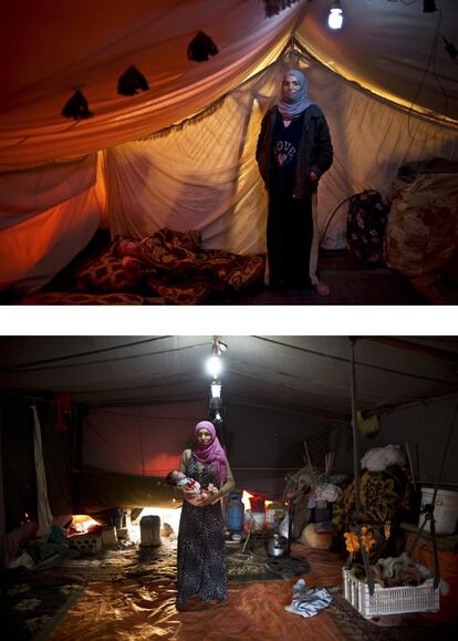 En la combinación de estas imágenes, tomadas entre el 16 de marzo 2015 y el 11 de agosto 2015, Wazeera Elaiwi, de 29 años, posa antes y después de dar a luz a su hijo en el campo para refugiados de Mafraq.