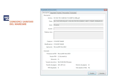 Propiedades del documento del pliego técnico del Consorci Sanitari del Maresme en el que figura como autor Gruparpa, matriz de Arbitrade SA, la firma que ganó el concurso. 