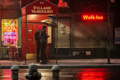 The door of the Village Vanguard club at the start of the snowstorm that hit New York on January 28.