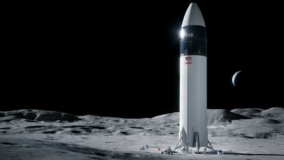 Recreación de una nave Starship, desarrollada por Space X para llevar astronautas de la NASA a la luna.