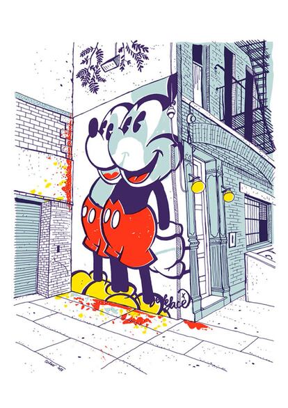 'Mickey East Village, New York' es una obra colorista en la que el ilustrador y publicista barcelonés Curro Suárez muestra su pasión por la arquitectura y por Mickey Mouse con un aire surrealista.