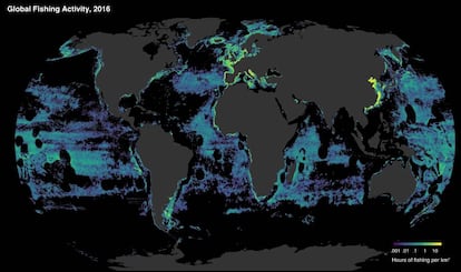 Cuanto más hacia el amarillo, más horas de pesca por kilómetro cuadrado.