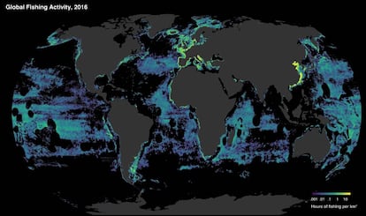 Cuanto m&aacute;s hacia el amarillo, m&aacute;s horas de pesca por kil&oacute;metro cuadrado.